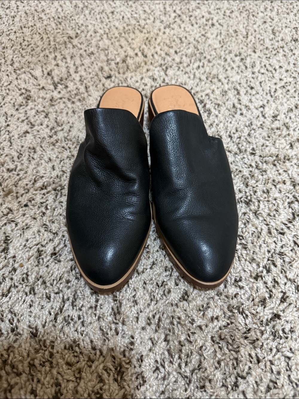 Black Leather Pointed Toe Slip-On Mules